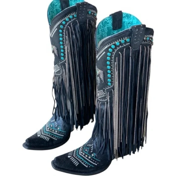 CORRAL EMBROIDERED AND CRYSTAL Black and Turquoise Eagle FRINGE WESTERN BOOTS - Picture 12 of 15